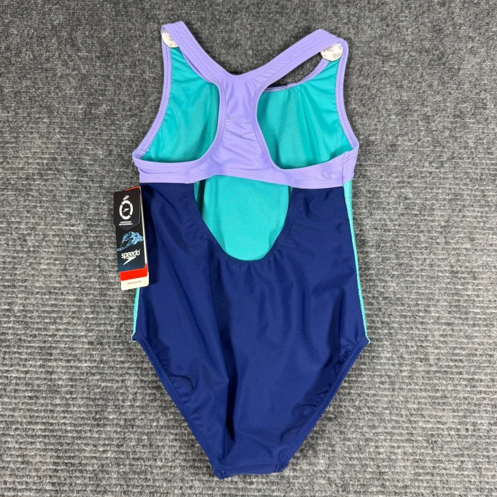 Speedo Girls Mesh Thick Strap One Piece Swimsuit Navy Purple Aqua Size 10 NWT